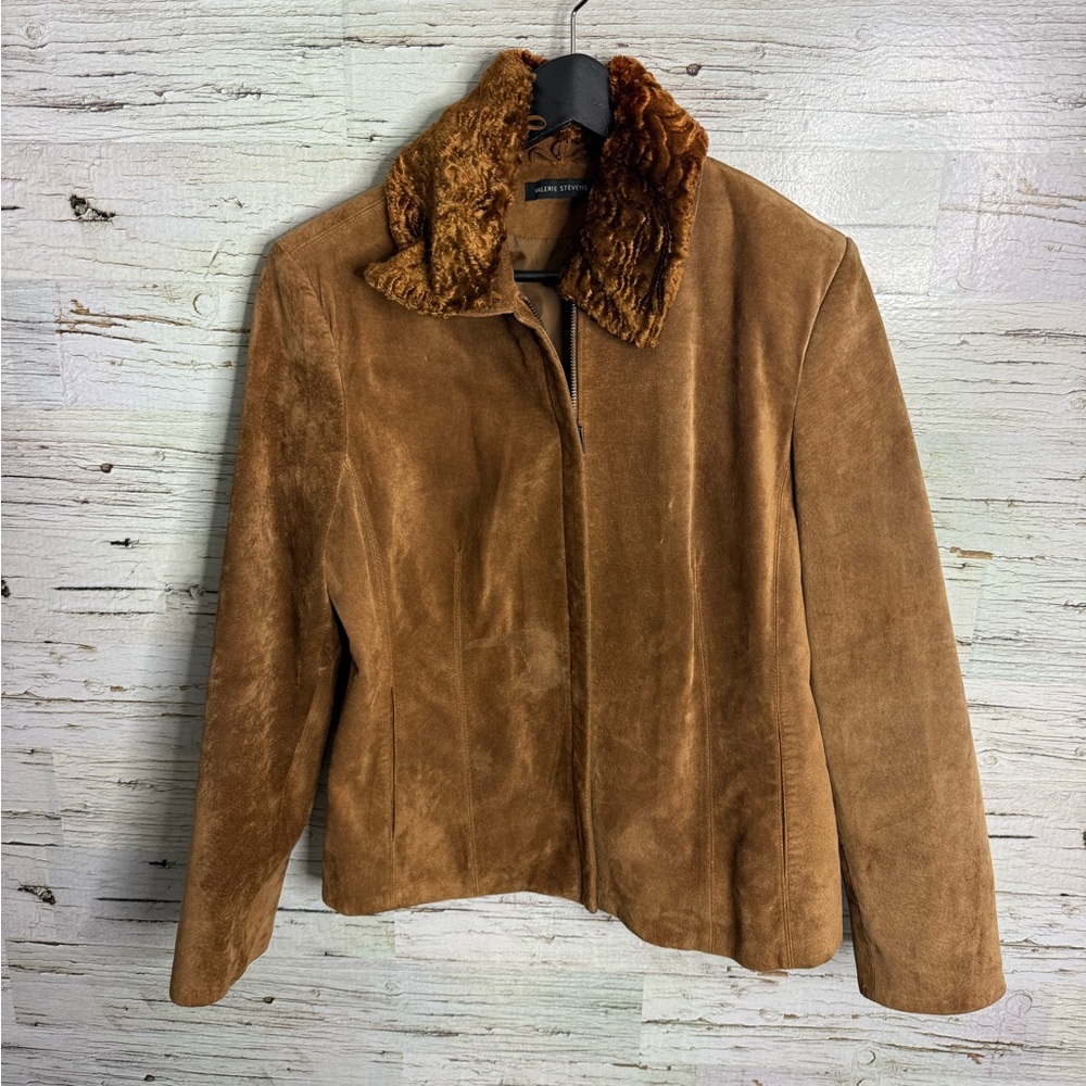 Valerie Stevens brown Leather Suede Jacket Size Medium faux fur